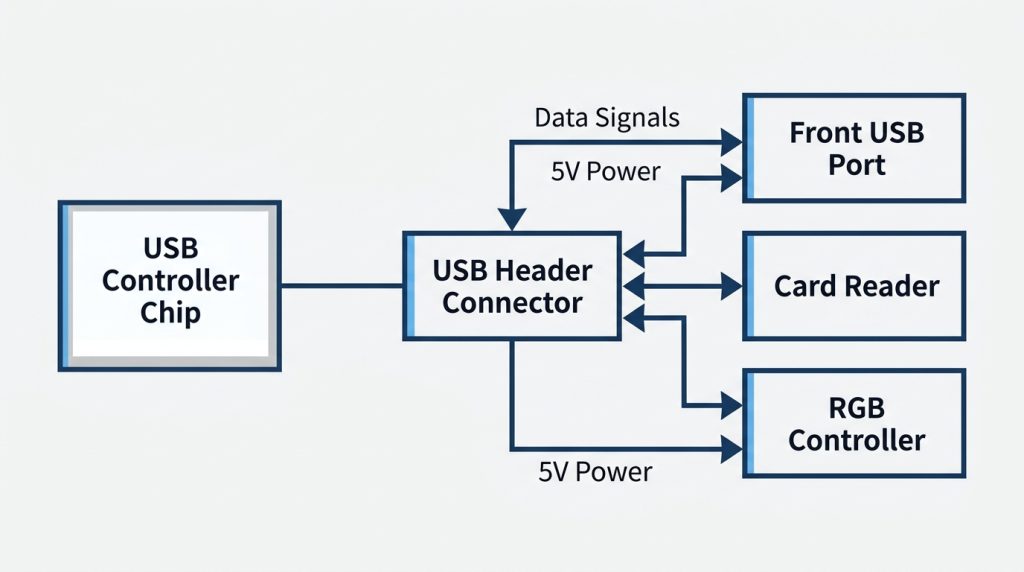 Diagram showing power and data signal flow from a motherboard USB controller through a header to a front-panel port