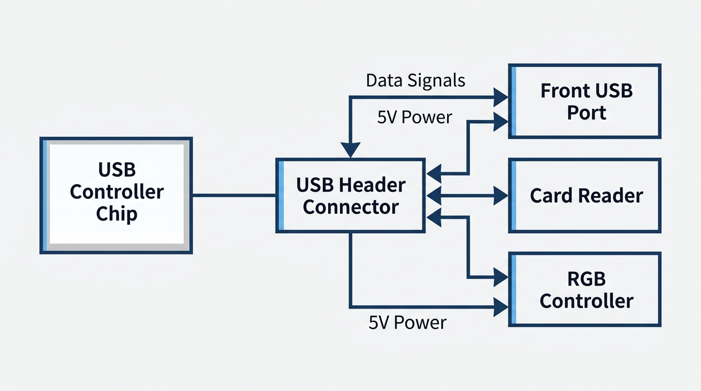 Diagram showing power and data signal flow from a motherboard USB controller through a header to a front-panel port