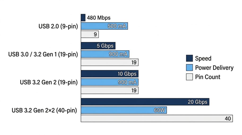 USB header speed power delivery specifications chart 2.0 3.0 3.2
