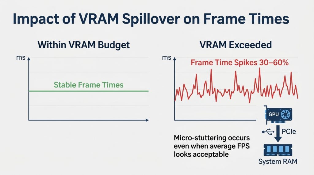 Frame time graph showing spikes of 30 to 60 percent once VRAM spills over into system memory