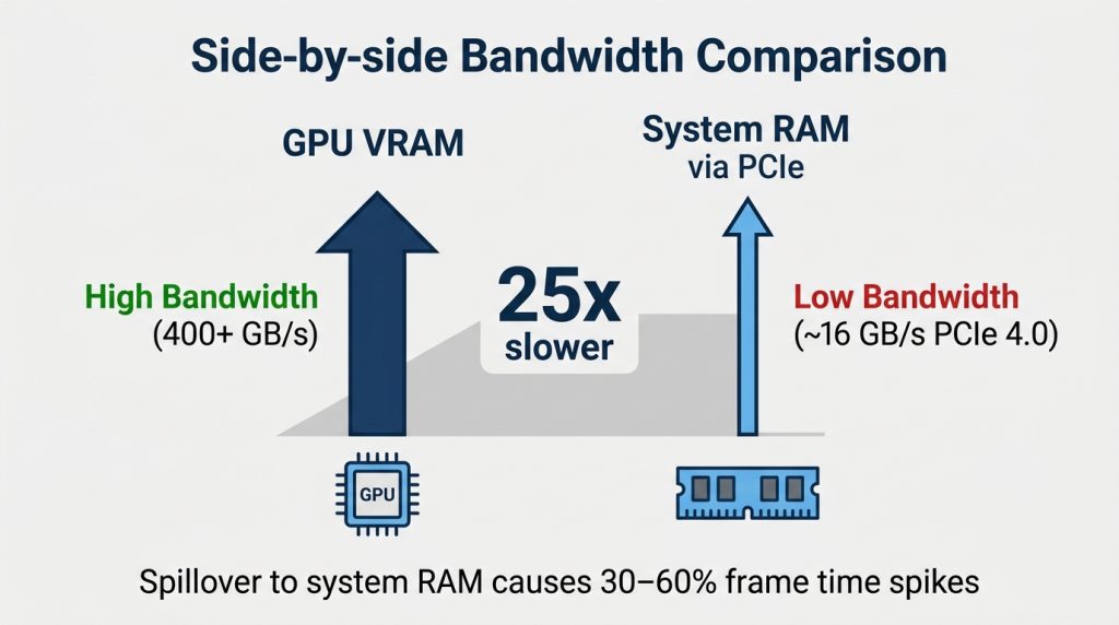 Diagram comparing on-card VRAM bandwidth to system RAM bandwidth across the PCIe bus