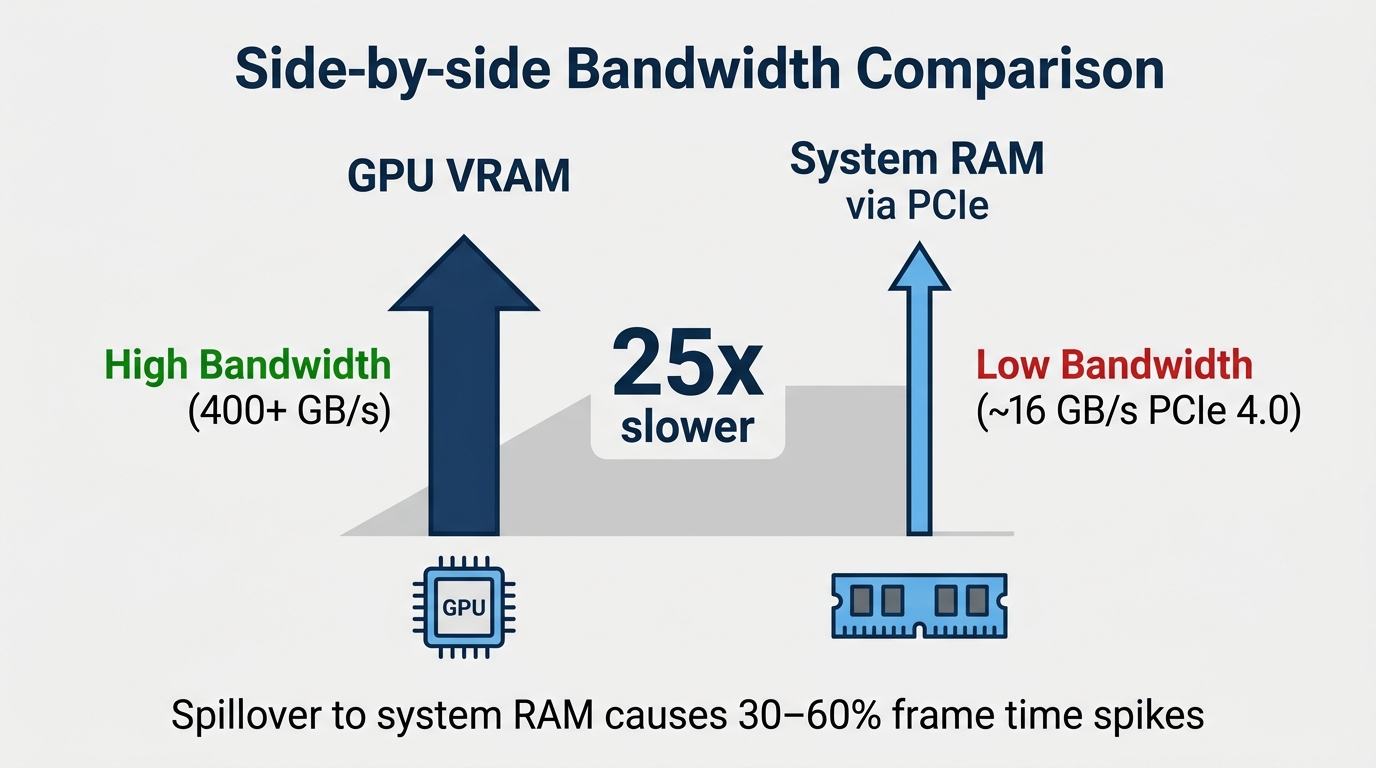 Diagram comparing on-card VRAM bandwidth to system RAM bandwidth across the PCIe bus
