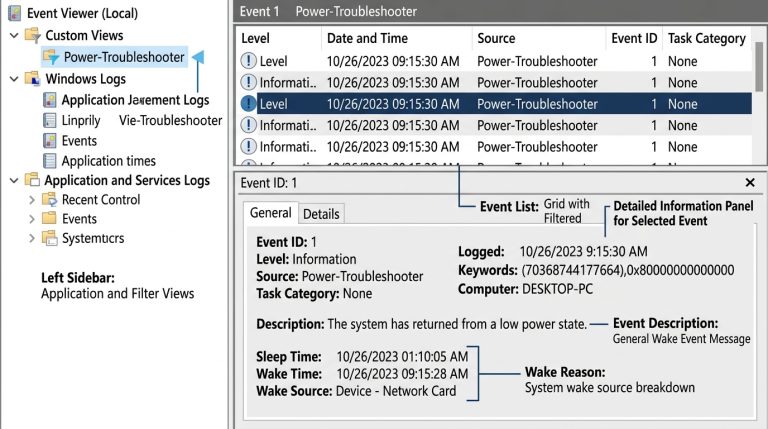 Windows Event Viewer Power-Troubleshooter filter showing wake source log entry