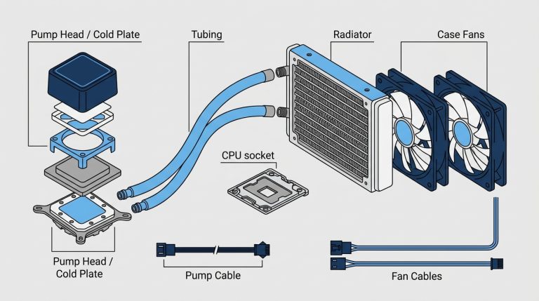 AIO liquid CPU cooler exploded diagram pump head radiator fans tubing