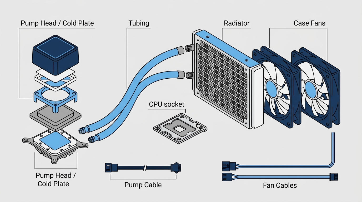 AIO liquid CPU cooler exploded diagram pump head radiator fans tubing