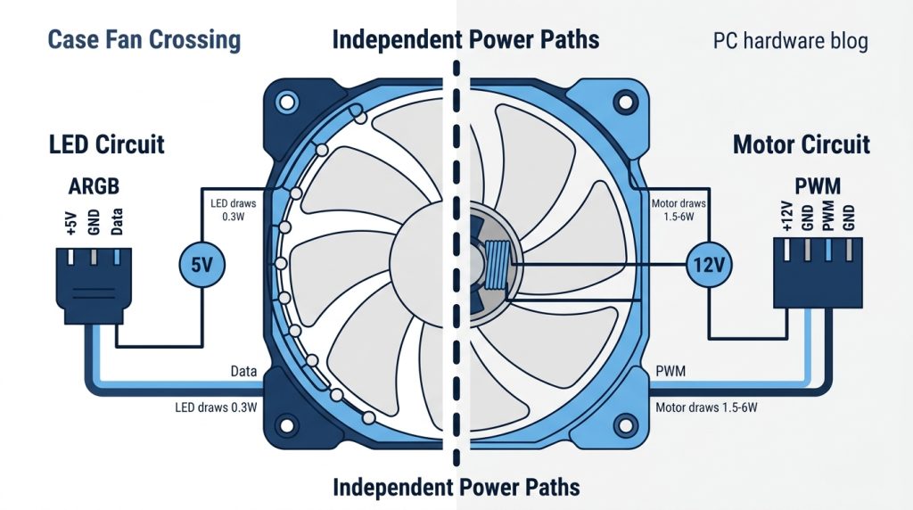 Diagram showing a case fan's RGB LED circuit and motor circuit as two separate electrical paths