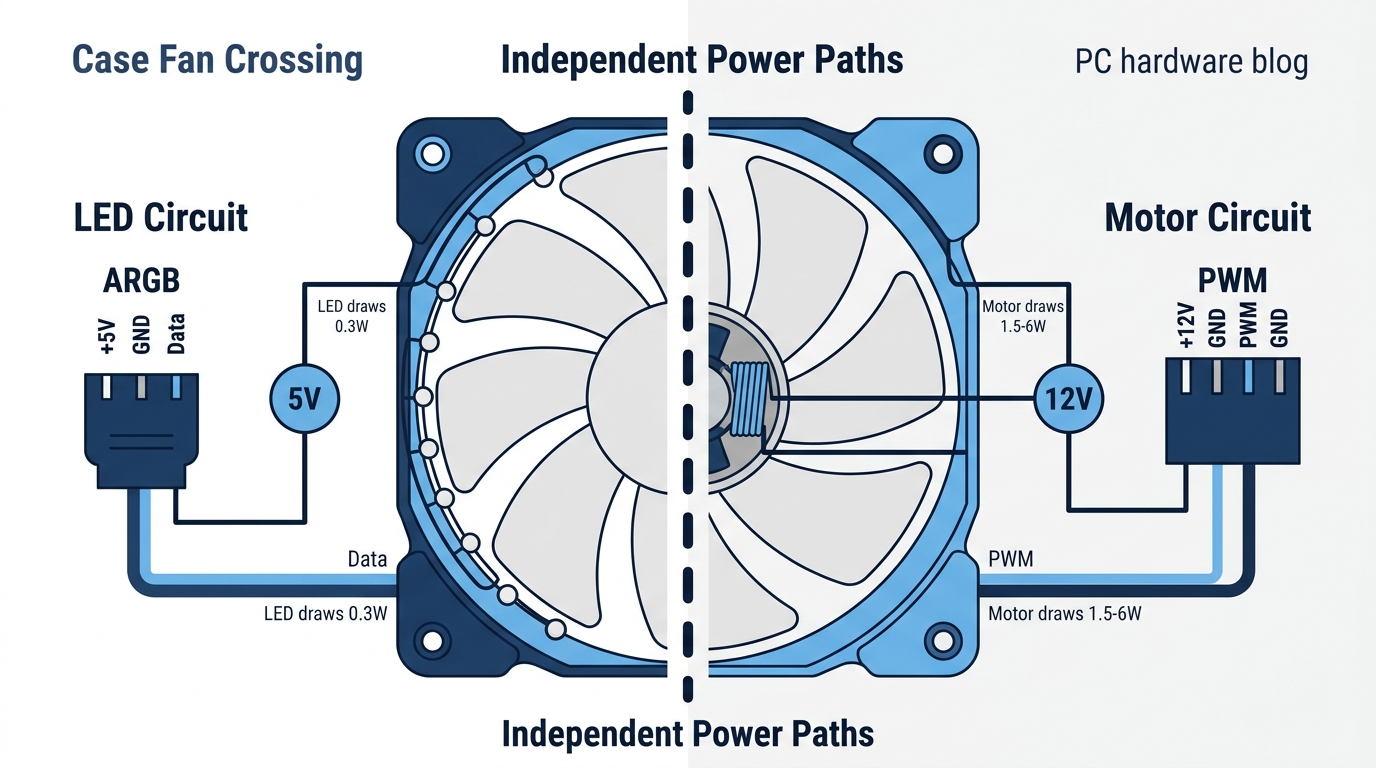 Diagram showing a case fan's RGB LED circuit and motor circuit as two separate electrical paths