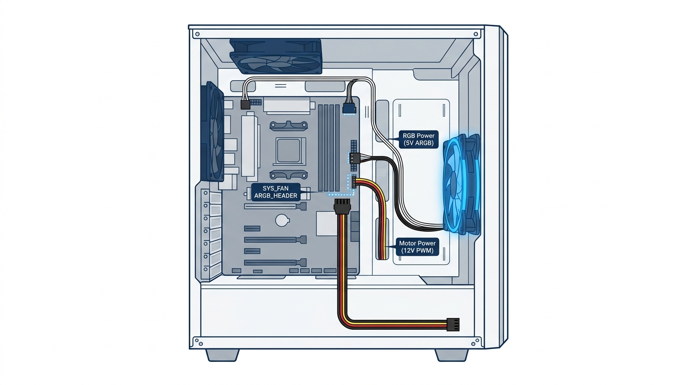 Case fan RGB cable and 4-pin PWM motor cable plugged into separate motherboard headers