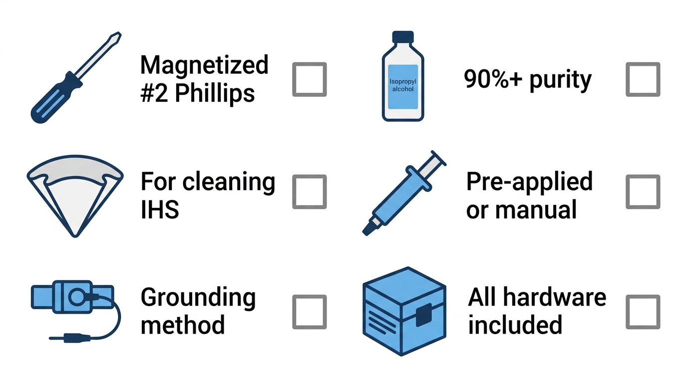 A Phillips screwdriver, isopropyl alcohol, a lint-free cloth, and thermal paste laid out on a desk.