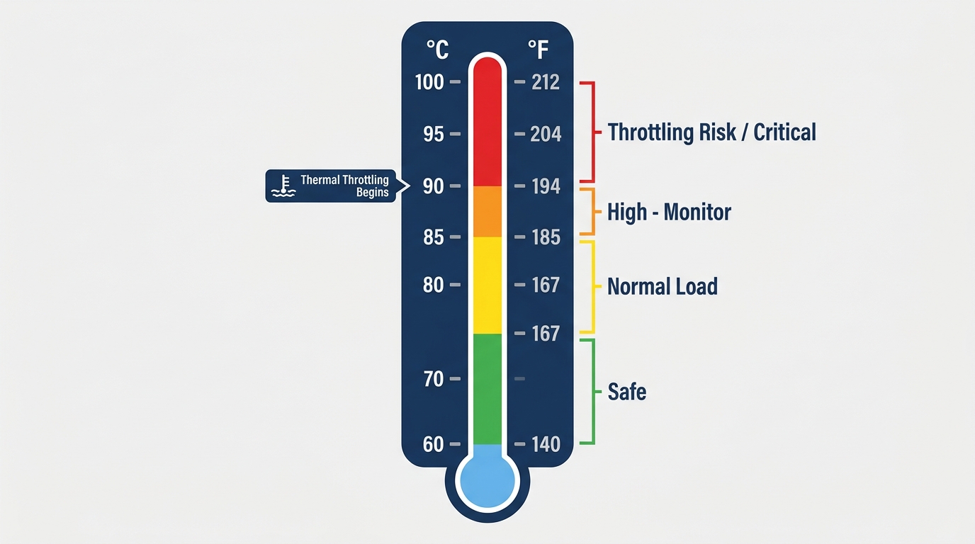 CPU GPU temperature scale 60C to 100C with thermal throttling danger zones