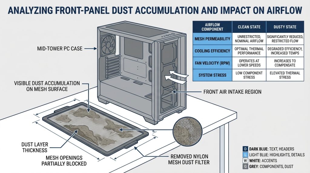 clogged dust filter removed from PC case showing trapped dust buildup