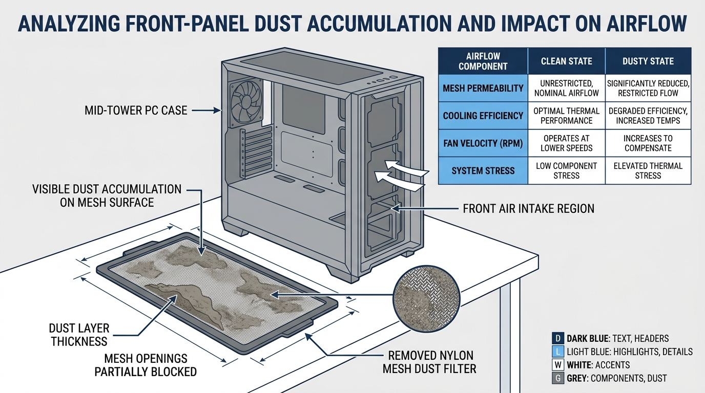 clogged dust filter removed from PC case showing trapped dust buildup