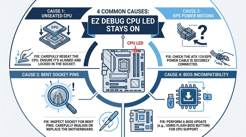 Visual guide to common causes of a stuck CPU EZ Debug LED: unseated CPU, missing EPS power, bent pins, and BIOS mismatch