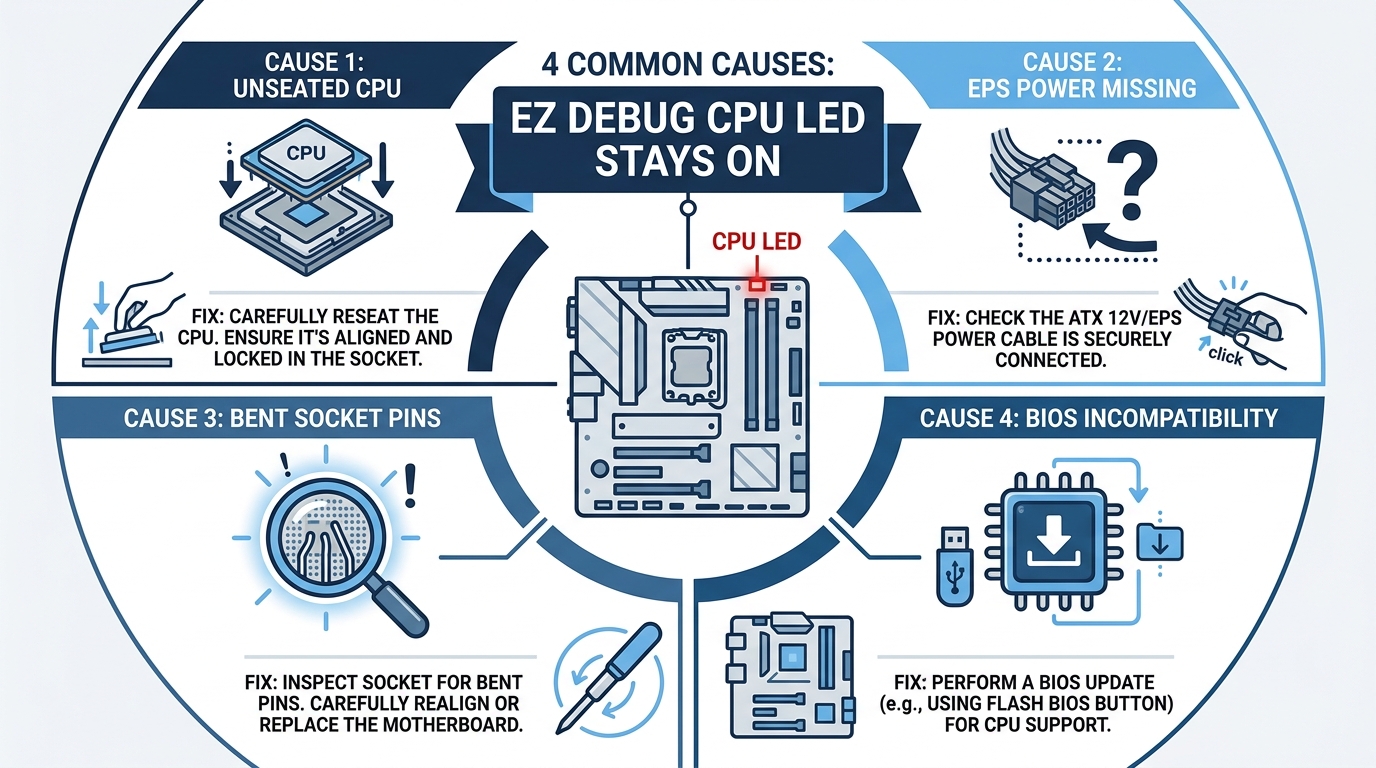 Visual guide to common causes of a stuck CPU EZ Debug LED: unseated CPU, missing EPS power, bent pins, and BIOS mismatch