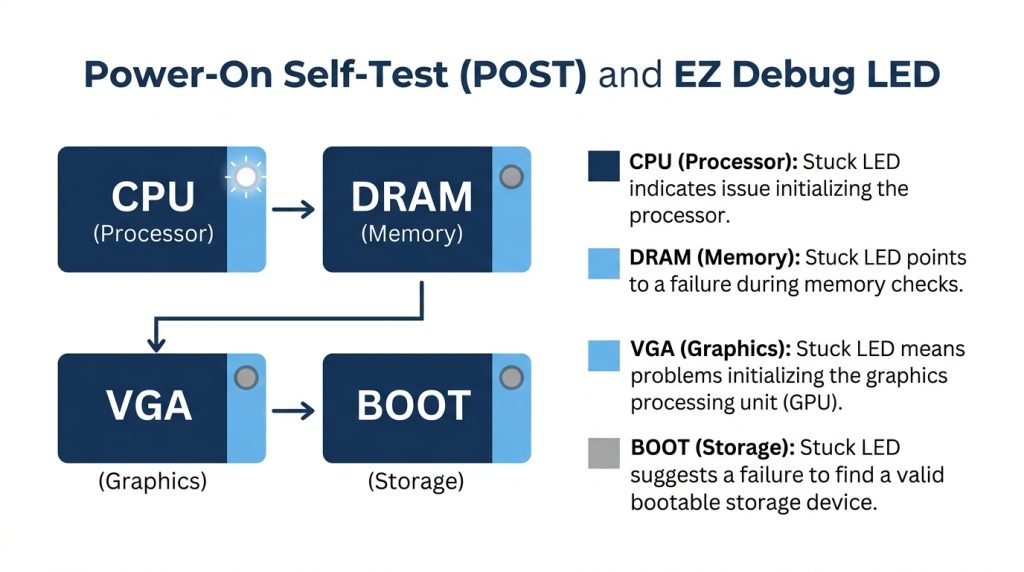 Flow chart of the EZ Debug LED POST test order, lighting CPU, then DRAM, then VGA, then BOOT in sequence