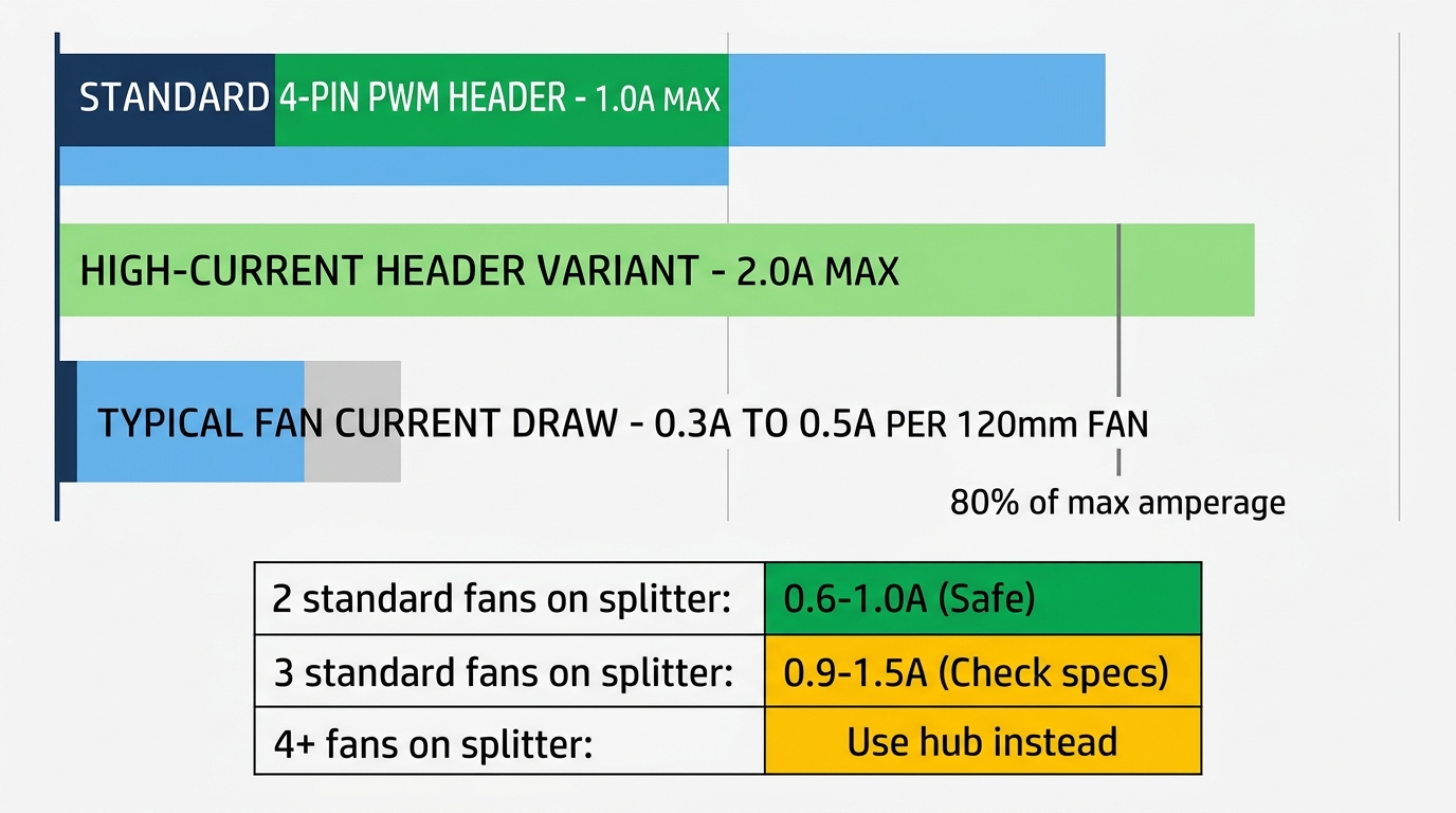 Chart comparing motherboard fan header amperage limits, from the standard 1A ceiling to the 2A ceiling on some premium boards.