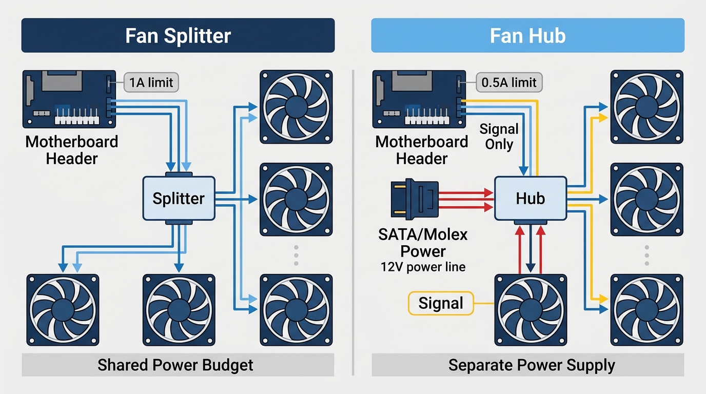 Diagram comparing power flow paths: a splitter draws power from the motherboard header, a hub draws power from SATA or Molex.