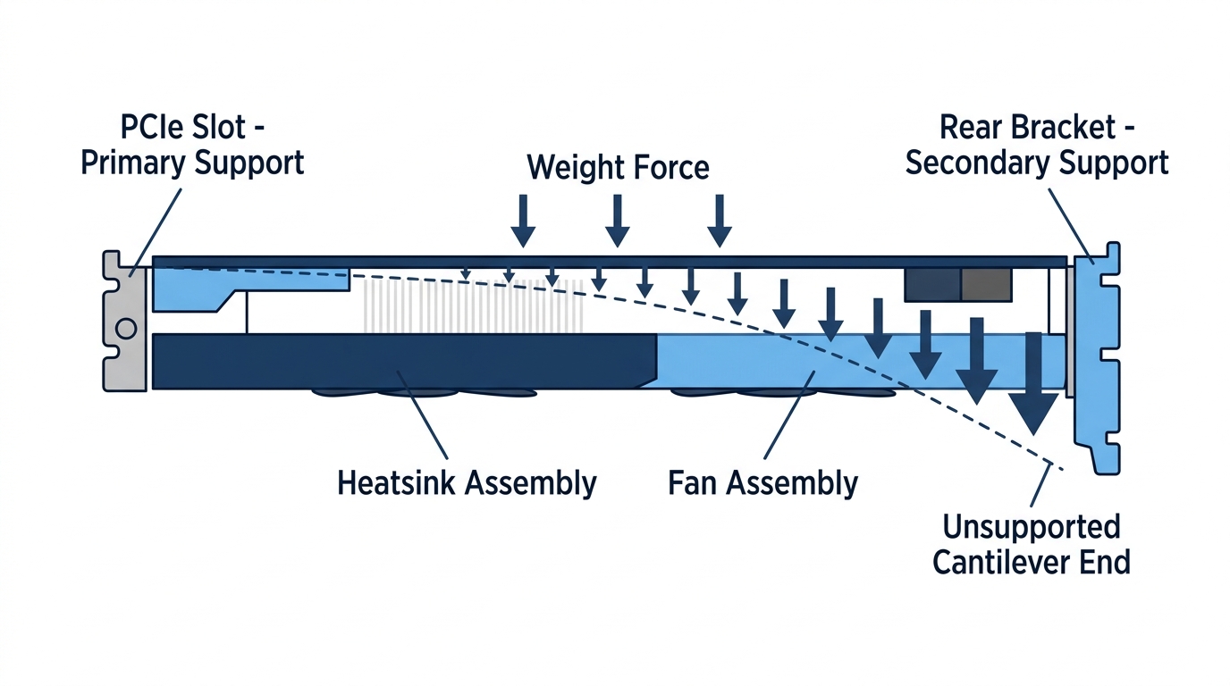 Diagram of a graphics card's weight distribution supported only by its PCIe slot and rear bracket