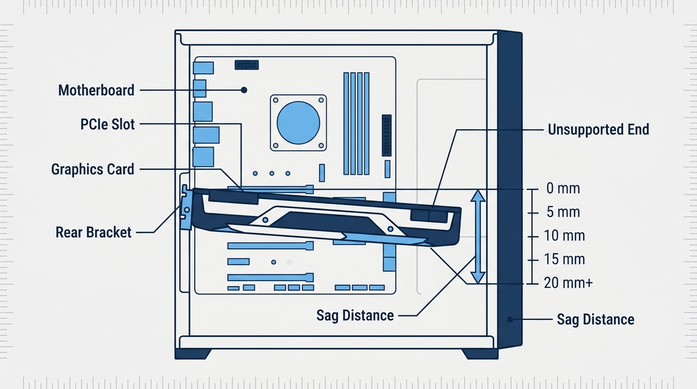 Side profile photo of a graphics card drooping downward from its PCIe x16 slot in a desktop case