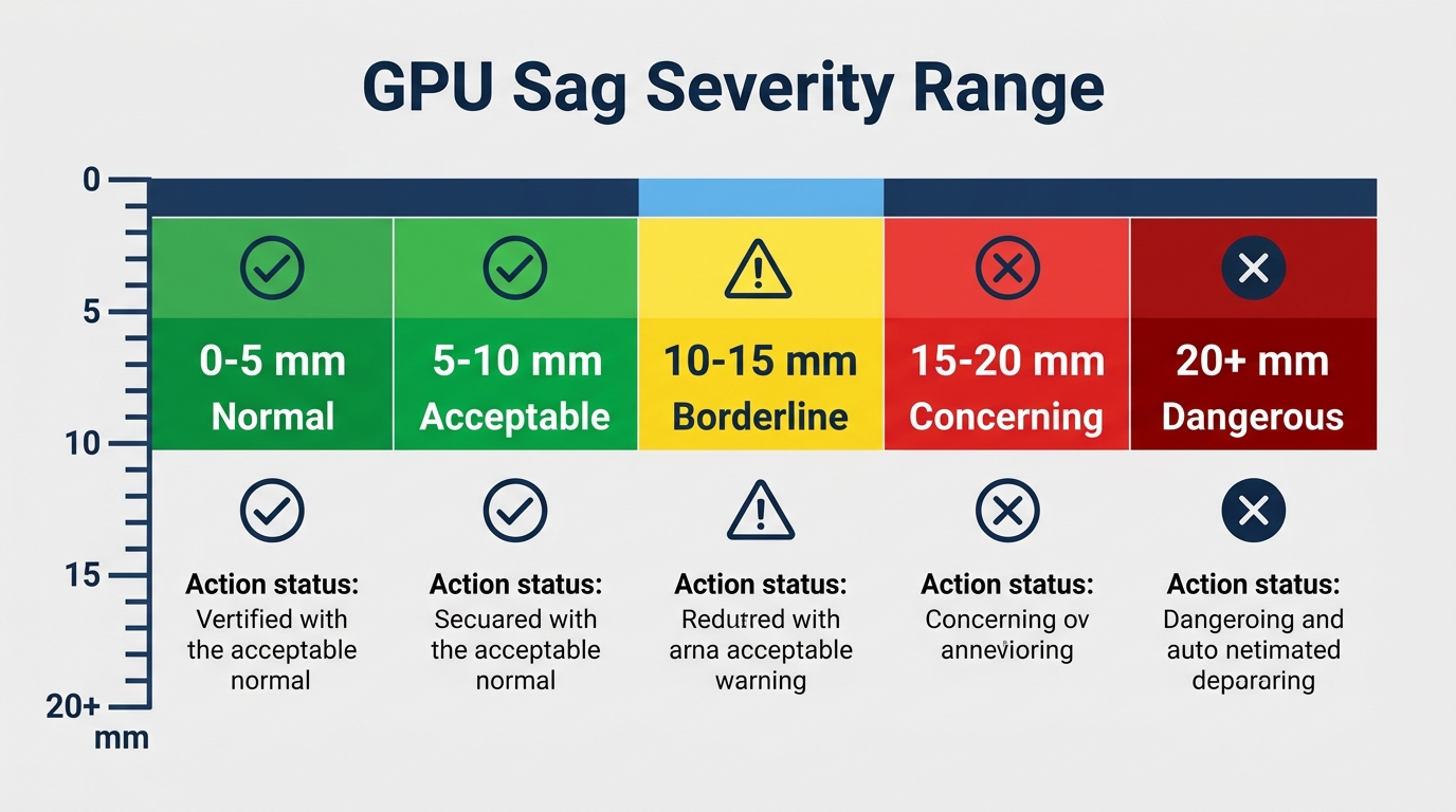 Color-coded chart showing GPU sag severity from 0mm normal to 20mm-plus dangerous