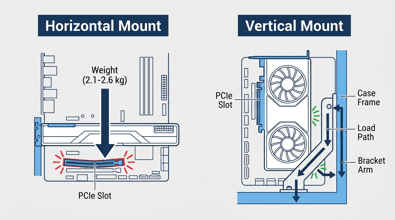 Diagram comparing how GPU weight is supported in a horizontal PCIe slot mount versus a vertical bracket mount