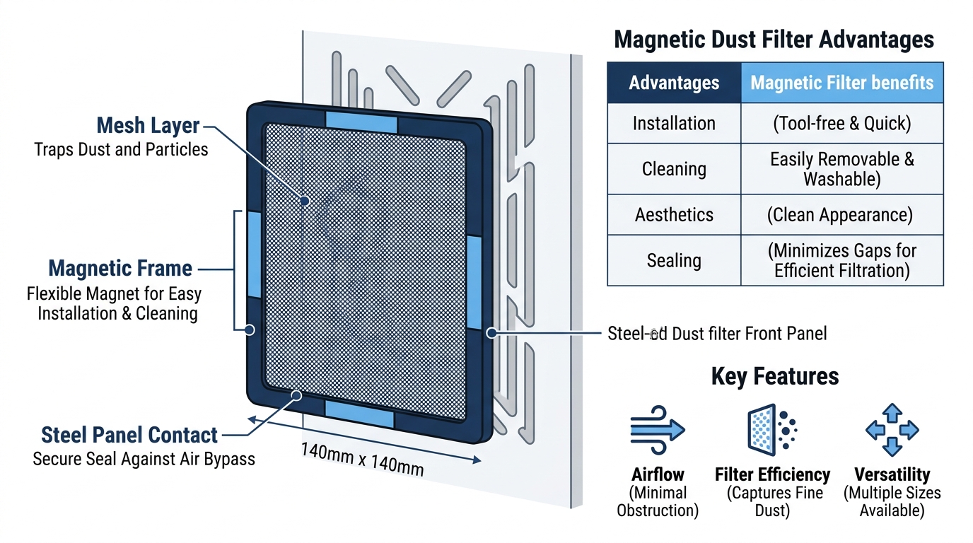A magnetic mesh filter attached to a steel intake vent on a PC case panel