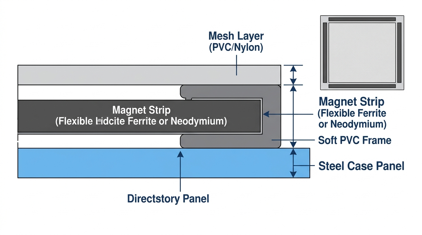 Cross-section diagram showing the mesh, magnet strip, and frame layers of a dust filter