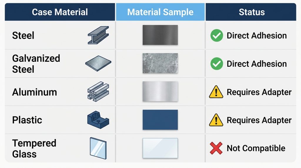 Chart comparing magnetic filter grip on steel, aluminum, plastic, and glass panels