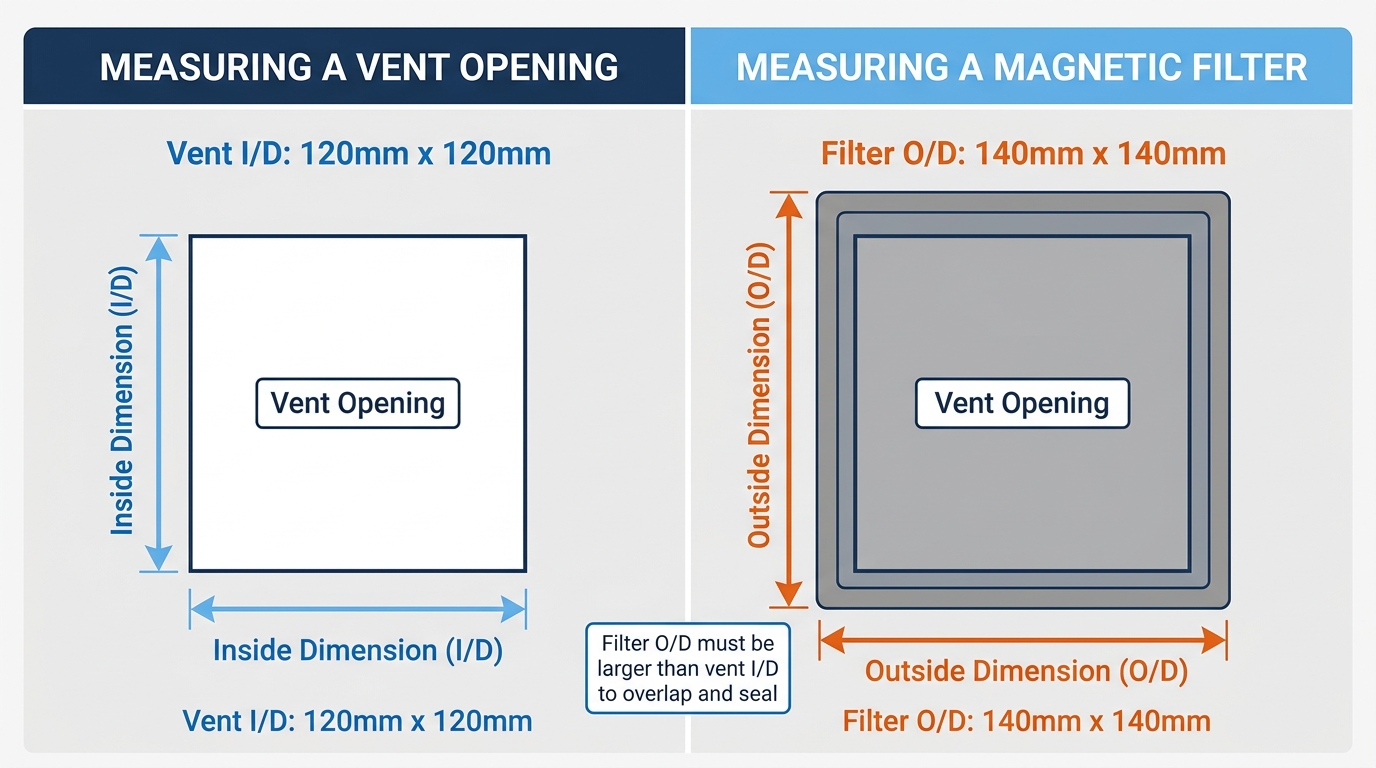 Diagram comparing a filter's inside dimension (I/D) and outside dimension (O/D) against a vent opening