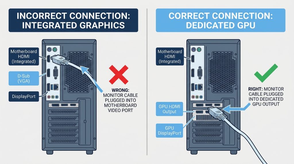 Rear I/O panel showing GPU video output ports separate from the motherboard's HDMI and DisplayPort ports
