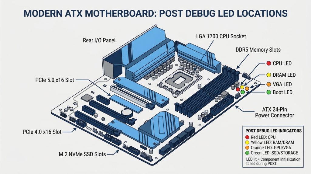 Motherboard debug LED locations labeled for ASUS, MSI, Gigabyte, and ASRock boards