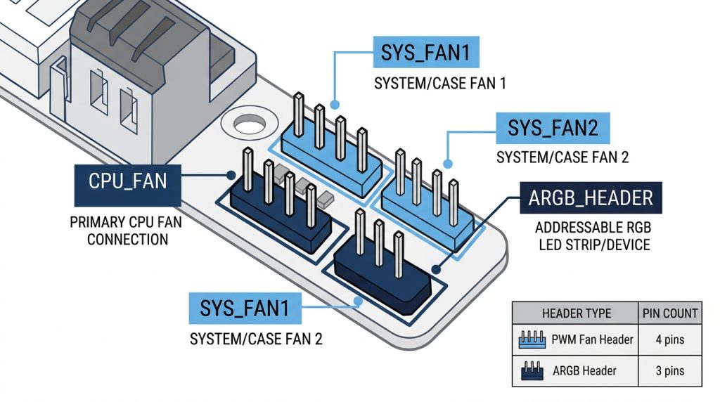 Motherboard fan header area with SYS_FAN, ARGB header, and CPU_FAN connectors labeled