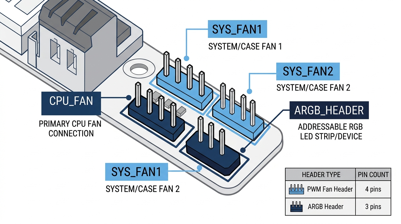 Motherboard fan header area with SYS_FAN, ARGB header, and CPU_FAN connectors labeled