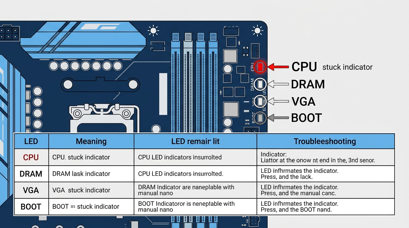 Close-up of an MSI motherboard's EZ Debug LED panel showing the CPU, DRAM, VGA, and BOOT indicator lights