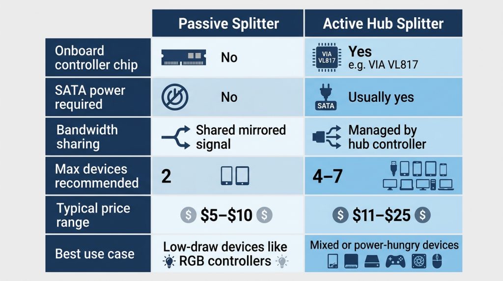Passive splitter versus active hub splitter feature comparison table with specifications