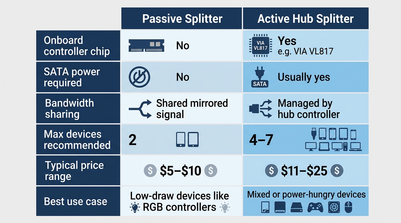 Passive splitter versus active hub splitter feature comparison table with specifications