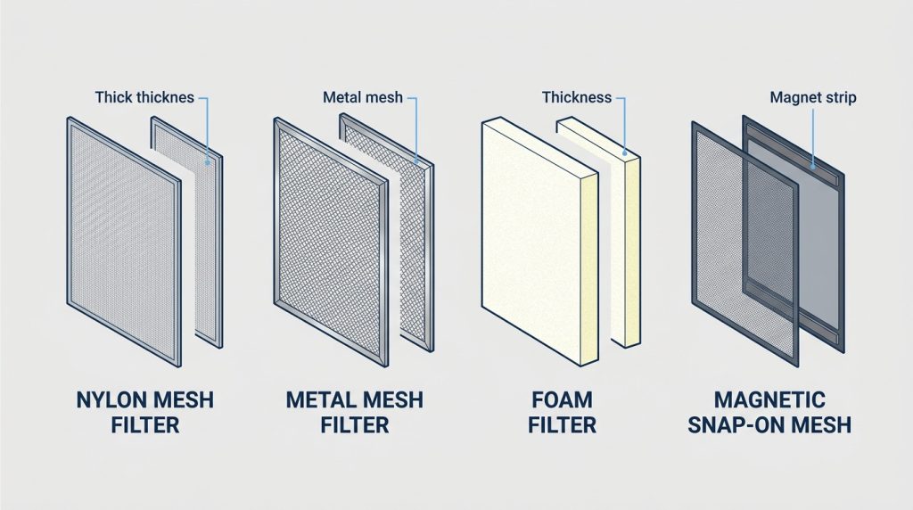 four types of PC dust filters nylon mesh metal mesh foam magnetic snap-on