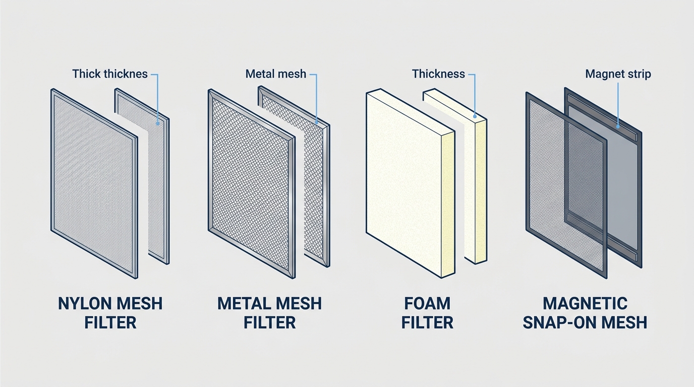four types of PC dust filters nylon mesh metal mesh foam magnetic snap-on