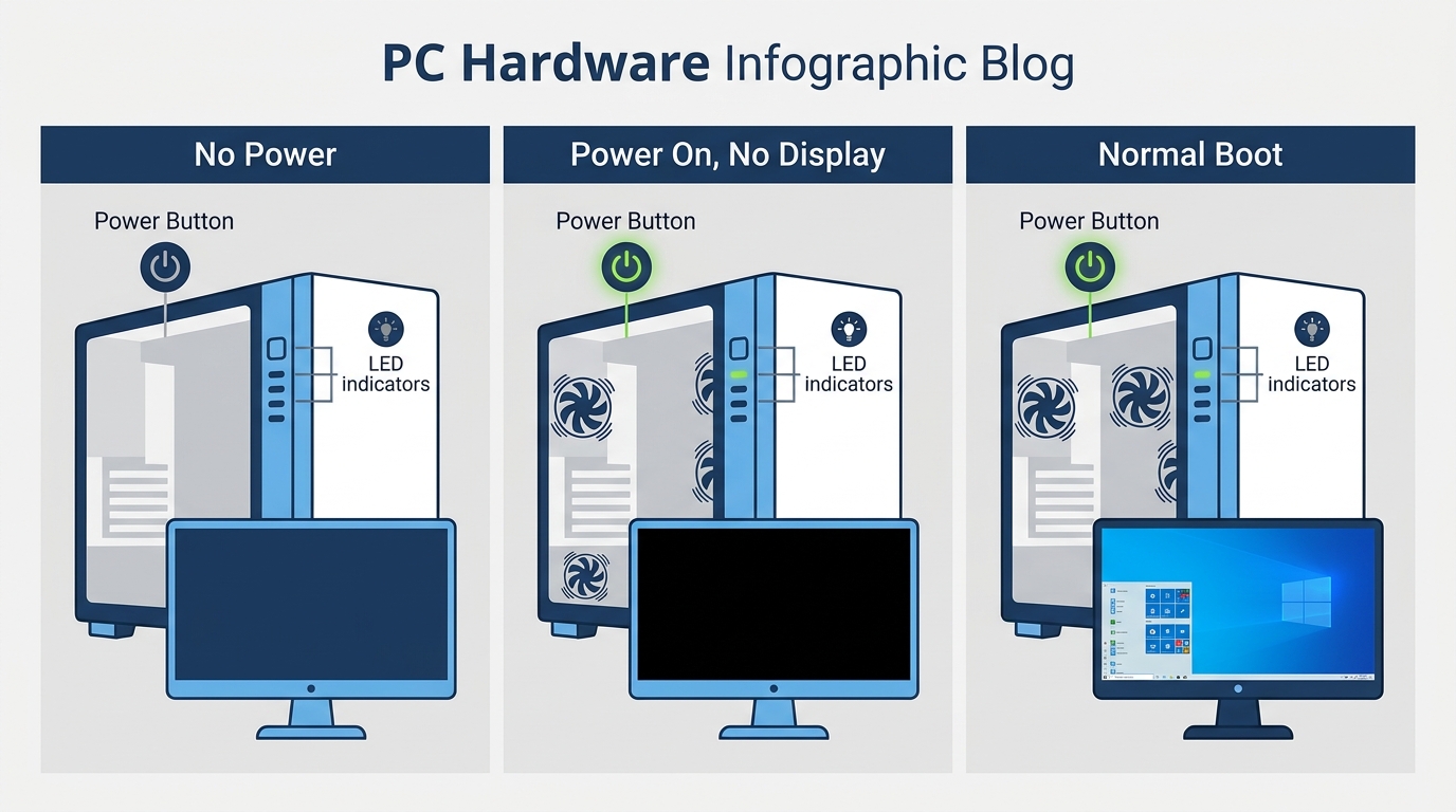 Diagram comparing a powered-off PC, a black-screen boot failure, and a normal successful boot