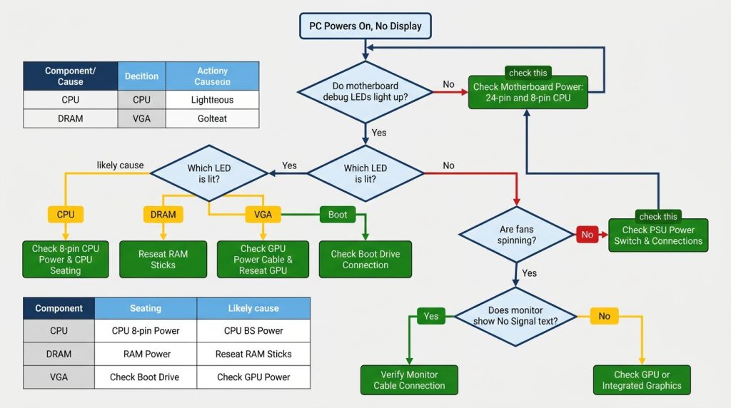 Decision-tree flowchart guiding troubleshooting steps for a PC that powers on but shows no display