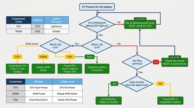 troubleshooting flowchart PC power on no display decision tree steps