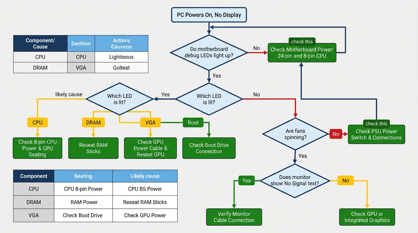 Decision-tree flowchart guiding troubleshooting steps for a PC that powers on but shows no display