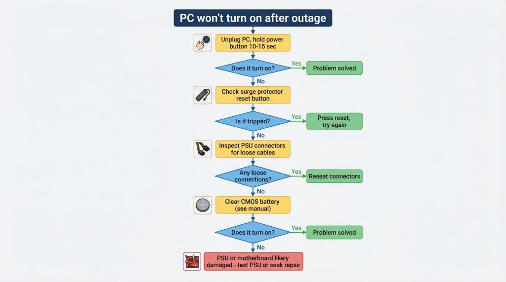 pc won't turn on after power outage troubleshooting flowchart steps
