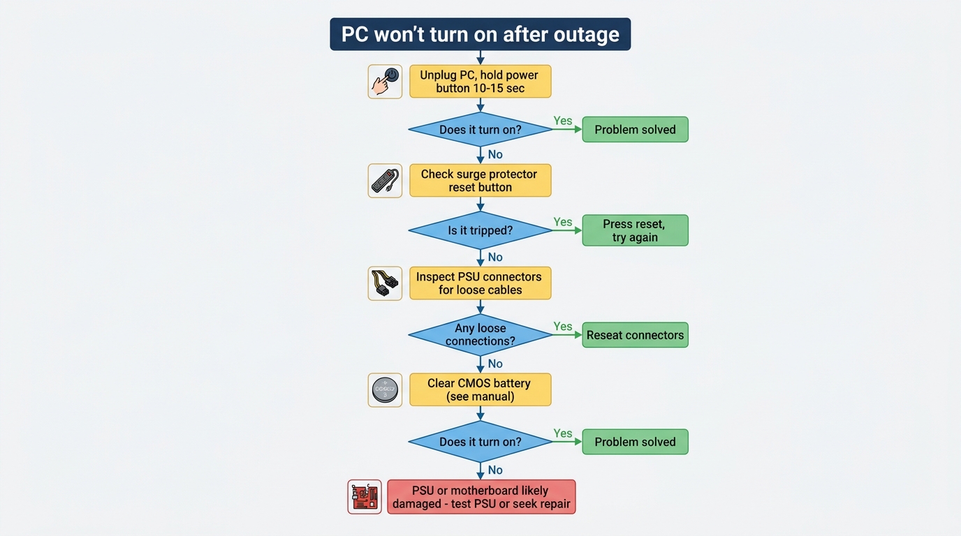pc won't turn on after power outage troubleshooting flowchart steps