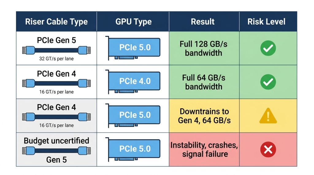 Chart comparing PCIe Gen 4 and Gen 5 riser cable compatibility and the resulting GPU bandwidth or downtraining outcome