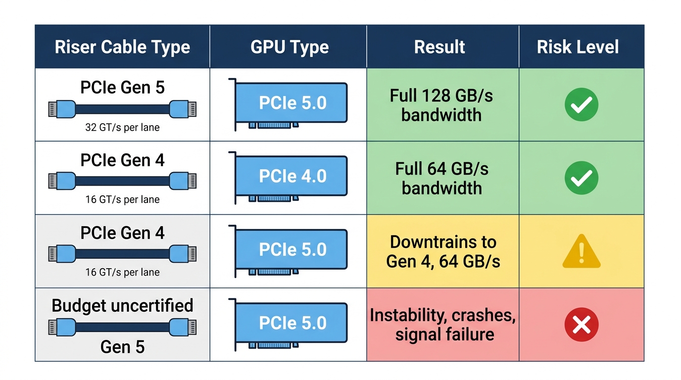 Chart comparing PCIe Gen 4 and Gen 5 riser cable compatibility and the resulting GPU bandwidth or downtraining outcome