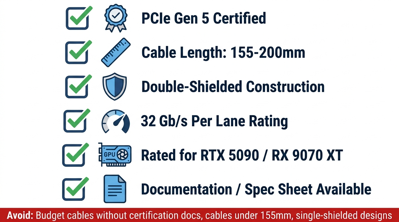 Checklist graphic covering PCIe 5.0 riser cable specifications for length, shielding, and certified bandwidth