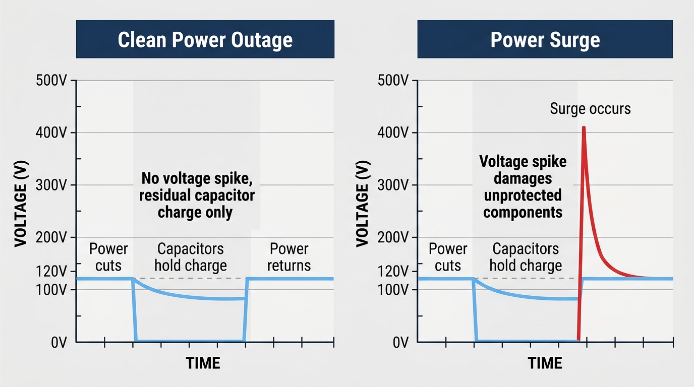 power outage vs power surge voltage spike comparison diagram