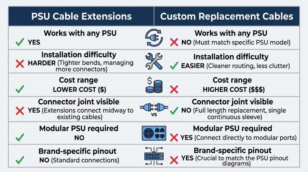PSU cable extensions vs custom replacement cables comparison chart
