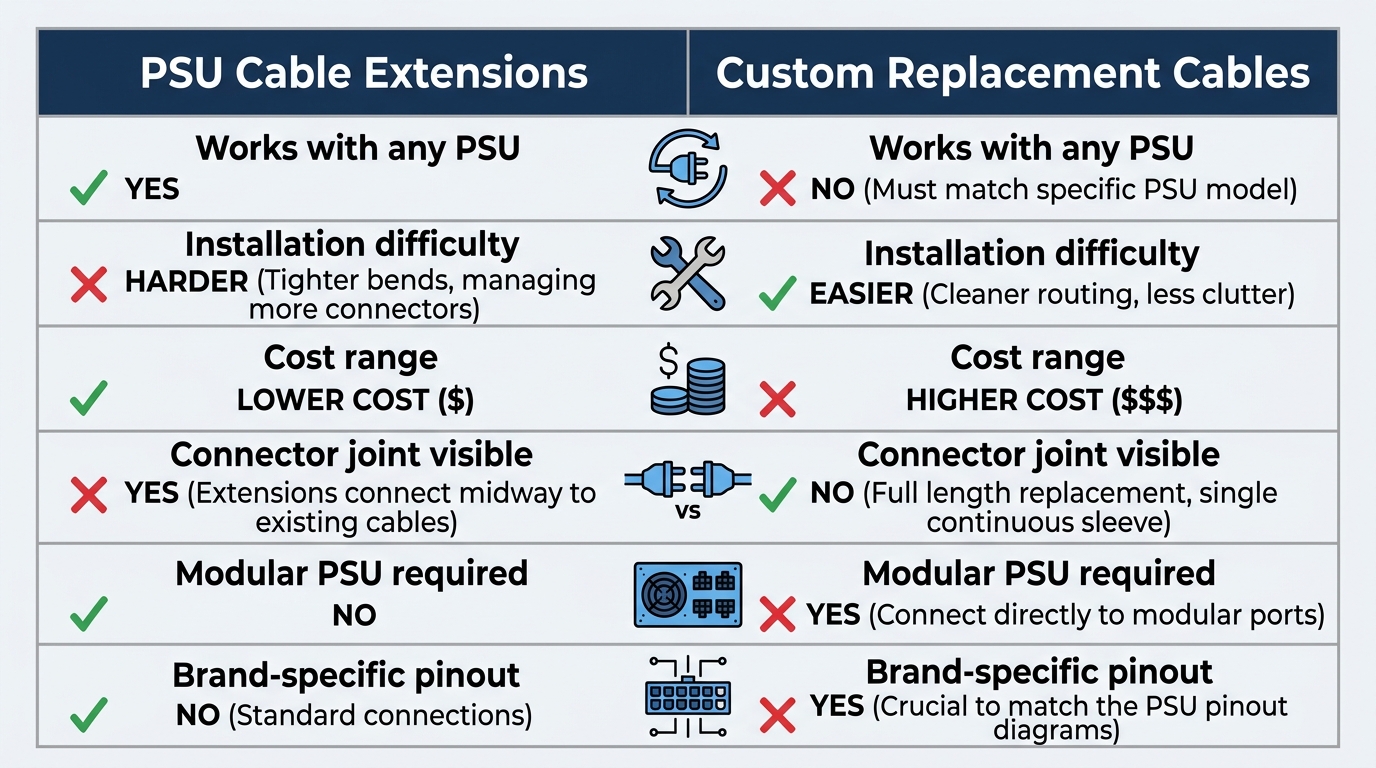 PSU cable extensions vs custom replacement cables comparison chart